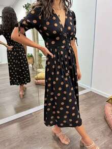 Women's V-Neck Polka Dot Print Waist Cinched Elegant Dress - Black - View 3