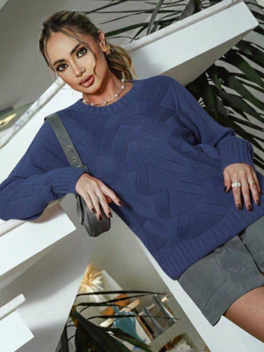 Women's Sweater, Braided Knit, Casual And Elegant, Long-Sleeved, Autumn/Winter - 靛藍 - 查看 1