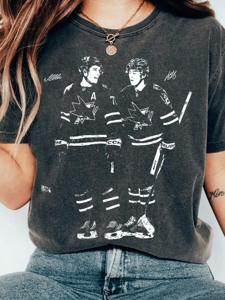 Macklin Celebrini Vintage Hockey Shirt San Jose Sharks Fan Tee Retro Bootleg Graphic Shirt - 黑色 - 查看 1
