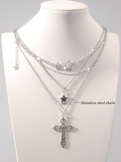 3件套复古哥特风水钻双层流星十字吊坠项链套装，复古水钻五角星颈链（女士款）