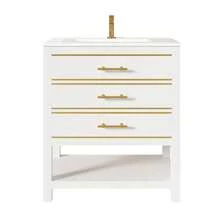 White Vanity Unit With Ceramic Basin – Freestanding Bathroom Unit With 2 Drawers And An Open Compartment, High-Quality Lacquered MDF Panel, Gold Handles, Without Tap Or Drain - White + Gold - View 9