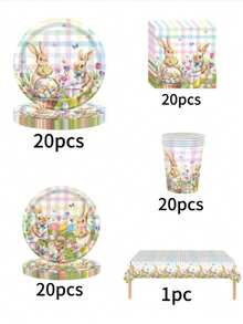 41pcs Rabbit Easter Theme Birthday Party Set Includes 20pcs Plates, 20pcs Napkins And 1pc Tablecloth, Ideal For Fan Parties - Multicolor - View 9