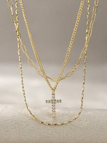 3pcs Copper Cross Pendant Necklace Set With Paper Clip Elements, Fashionable Jewelry Suitable For Vacation Accessories - Yellow Gold - View 2