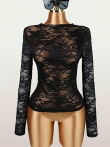 Casual Summer Women Lace Tops Going Out Lace Long Sleeve Top Concert For Women - Black - View 2