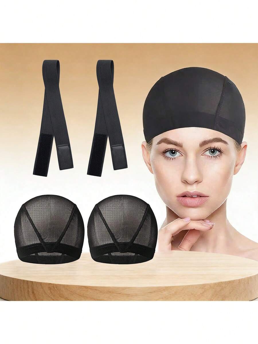 4-Piece Set Of Black Wig Mesh Cap Combination, Women's Mesh Elastic Dome Cap+Anti Slip Grip Strap, Used For Wearing In Front Of Wigs, Can Effectively Reduce Scalp Pressure And Wig Shedding Problems. - Black - View 1