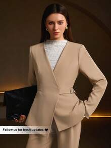 Women's Fashion Long Sleeve V-Neck Tie Front Top, Woven Fabric, Regular Fit, With Pockets - Camel - View 6