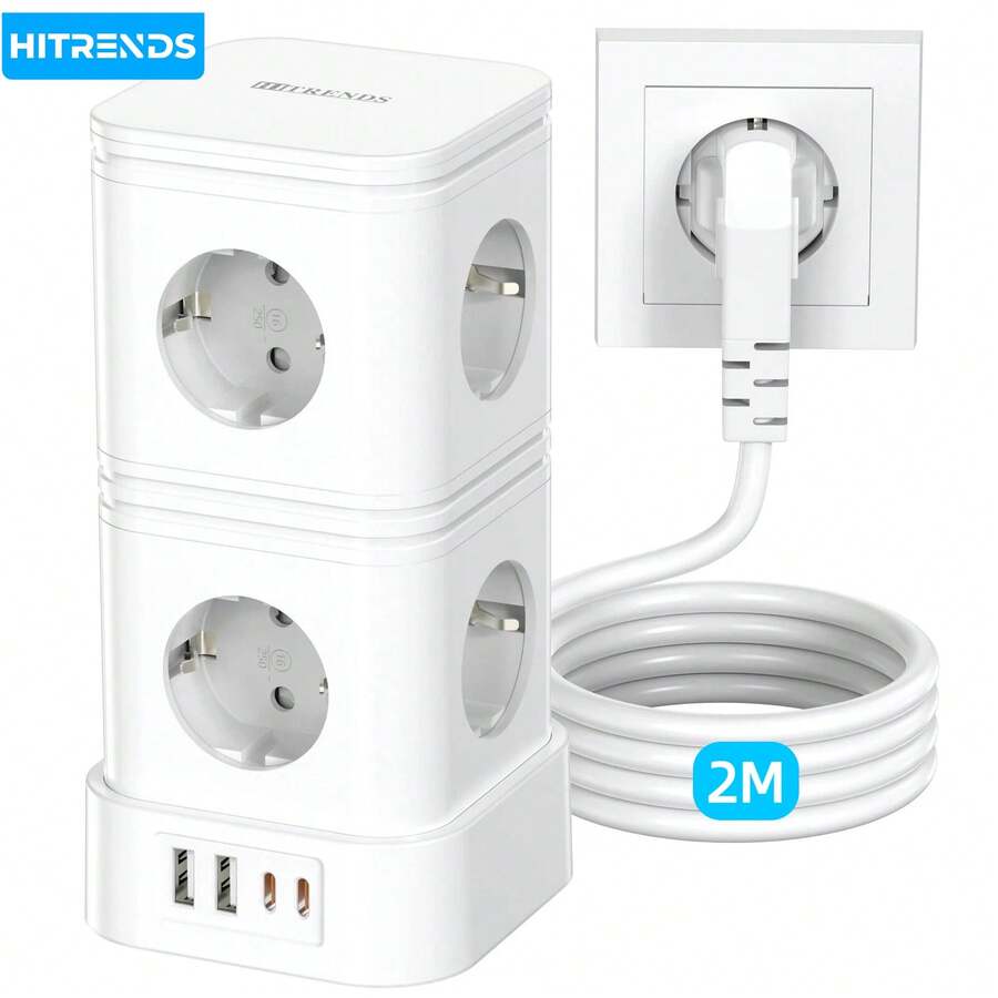 HITRENDS [ Charging Wonder ] 12-In-1 Tower Socket 8AC+2USB-C+2USB-A Fast Charging 3680W High Power 2-Meter Extension Cable Overload Protection Suitable For Office/Home/Kitchen - EU E Type Plug(220-240V) - View 1