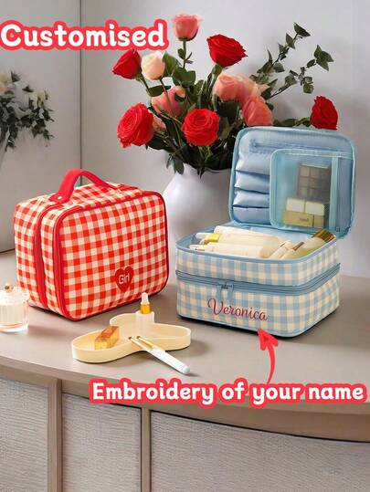 Embroidered Customised Names Personalised Plaid Women's Cosmetic Bags Double Layer Large Capacity Women's Makeup Bag Multifunctional Waterproof Makeup Wash Storage Bag
