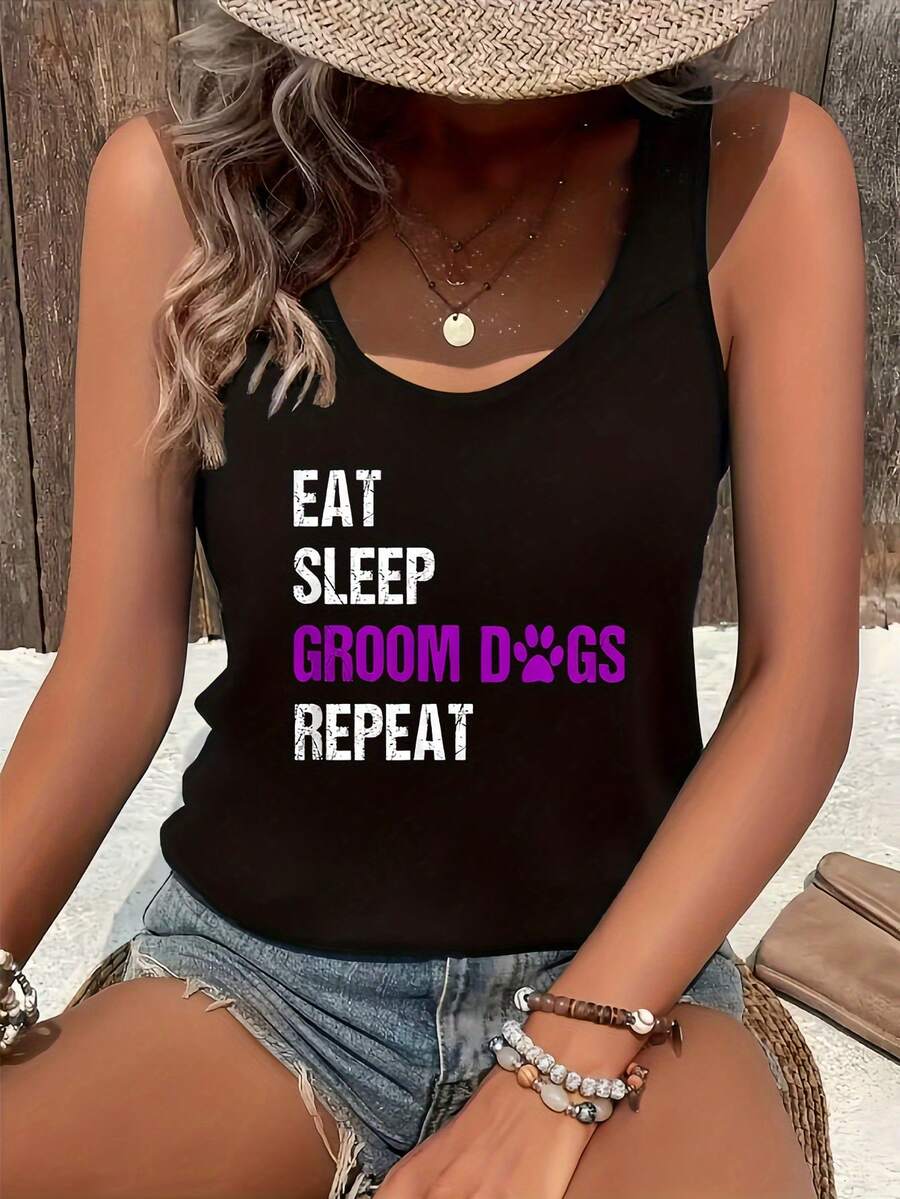 Women's Fashion  Black Sleeveless Vest For Pet Groomers - EAT, Sleep & Dogs, Comfortable Casual Top - 黑色 - 查看 1