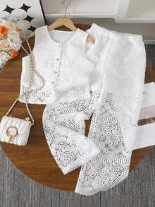 2pcs/Set Big Girls Casual Vacation Style Hollow Out Fabric Sleeveless Crop Top & White Long Pants Suit, Summer - White - View 1
