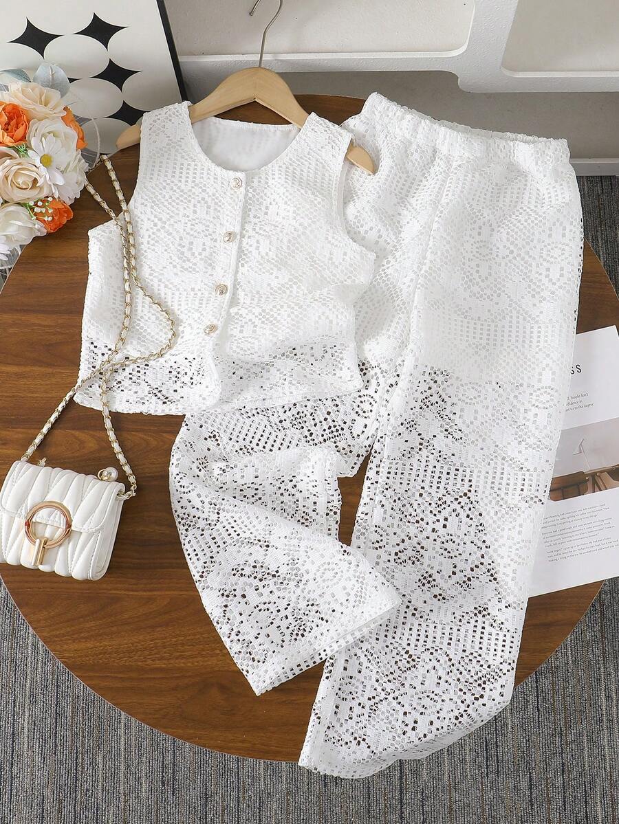 2pcs/Set Big Girls Casual Vacation Style Hollow Out Fabric Sleeveless Crop Top & White Long Pants Suit, Summer - White - View 1