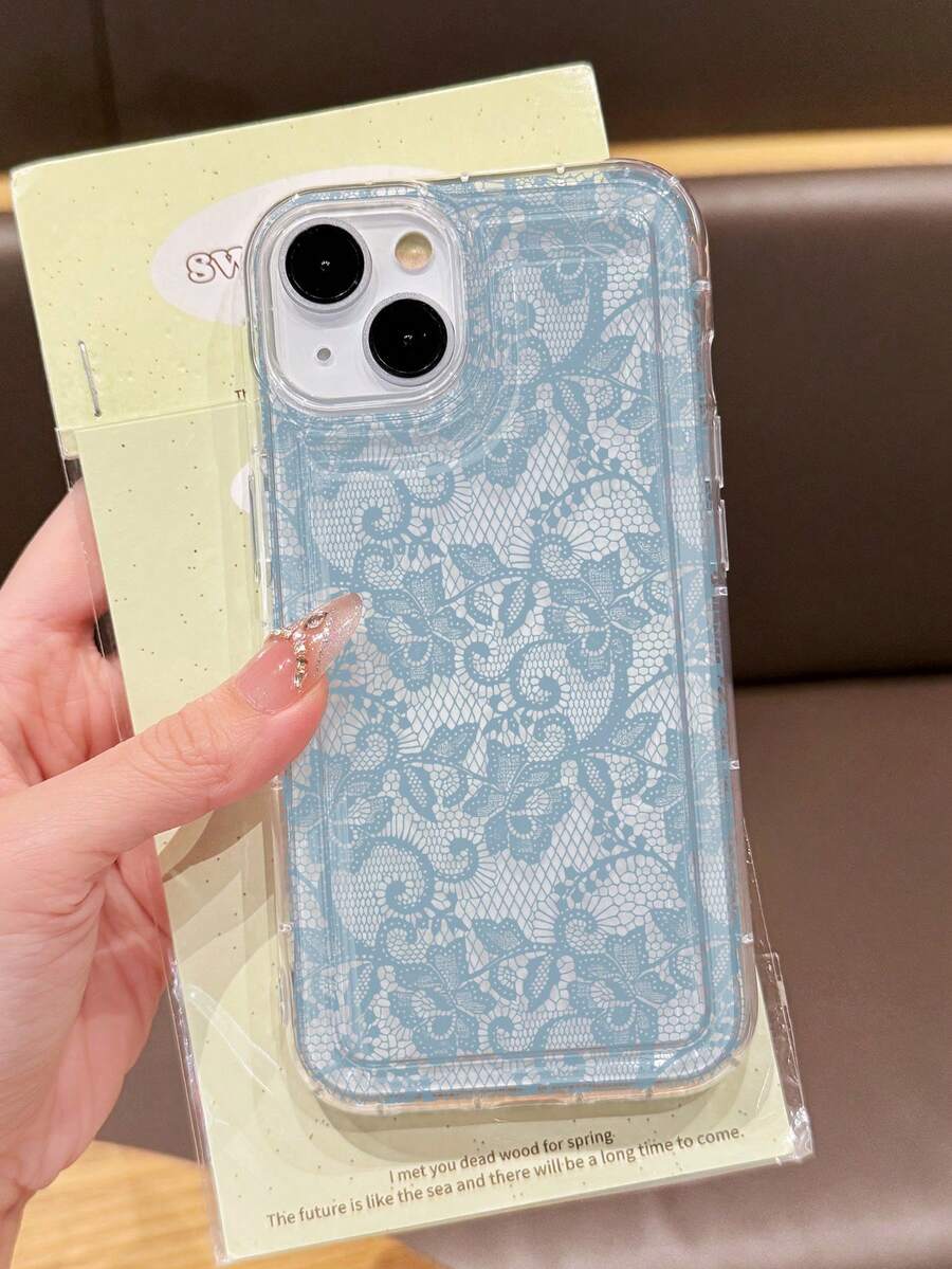 1pc Romantic Lace Pattern Soft Transparent Air Cushion Phone Case, Compatible With IPhone 11/12/13/14/15/16 Pro Max - Multicolor - View 1