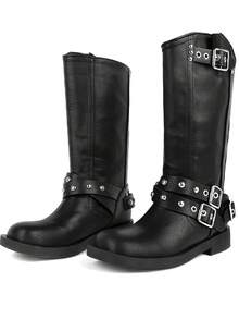 Women's Mid Calf Boots Y2K Rivets Round Toe Chunky Heel Cowboy Boots Vintage Buckle Design Block Heel Boots Women - Black - View 7