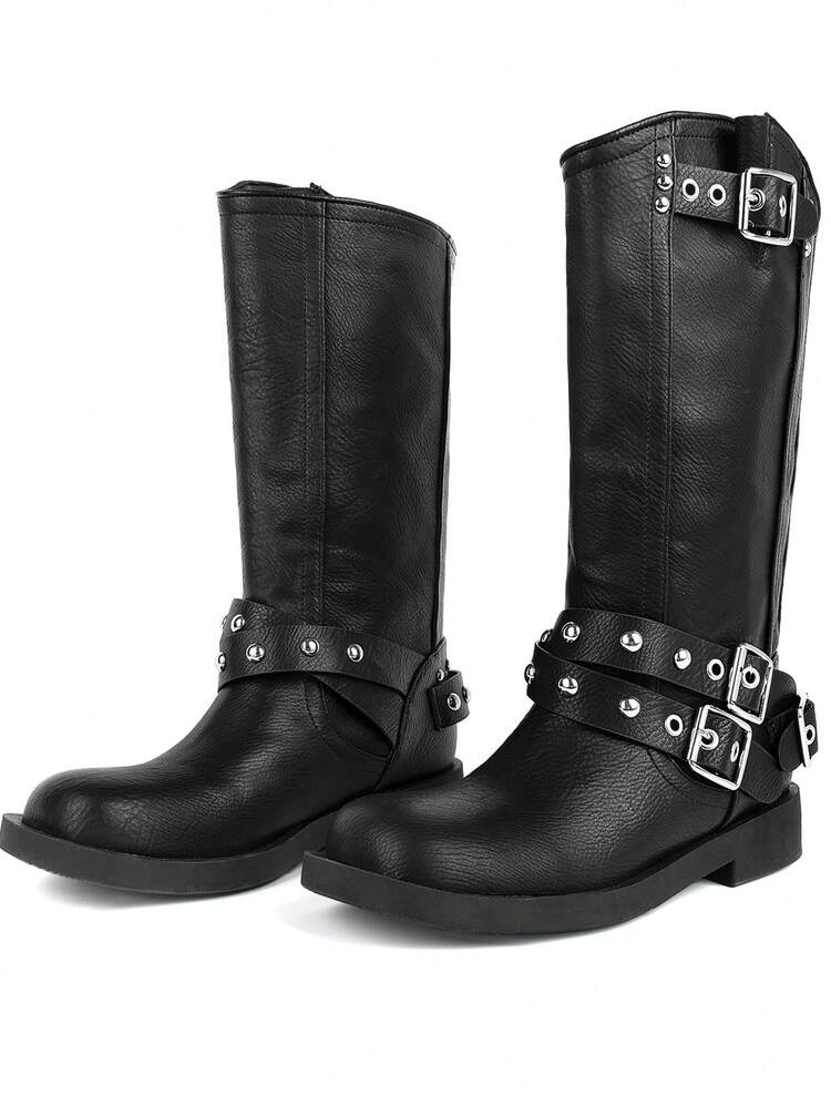 Women's Mid Calf Boots Y2K Rivets Round Toe Chunky Heel Cowboy Boots Vintage Buckle Design Block Heel Boots Women - 黑色 - 查看 7