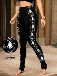 1pc Women's Side Printed Skinny Leggings, Casual Daily Wear - Black - View 5