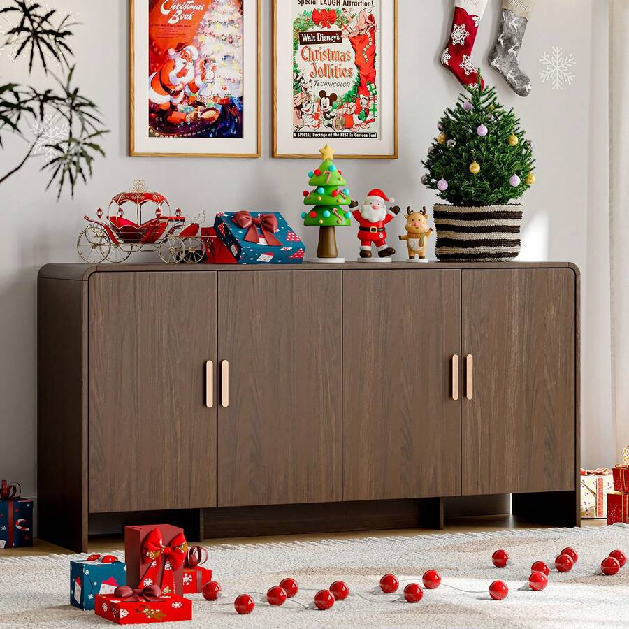 ONBRILL 60" Sideboard Buffet Cabinet With Storage, Curved Design Farmhouse Coffee Bar Cabinet With 4 Doors & Adjustable Shelves, Mid-Century Modern Sideboard Cabinet For Living Room, Kitchen, Hallway, Walnut - 棕色 - 查看 1