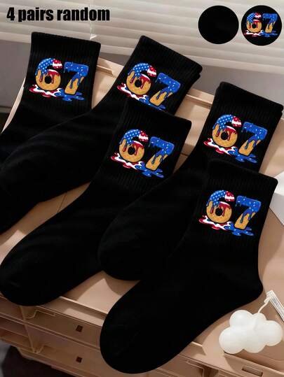 4双随机黑色儿童船袜，返校学生跑步运动袜，美国国旗67六七趣味表情包设计袜子，情人节趣味礼物，青少年男孩女孩礼物，男女童夏季套装