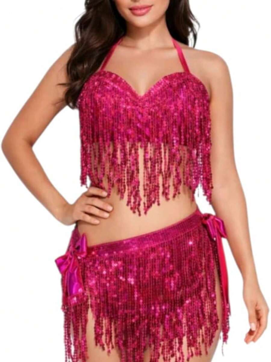Women's Sequin Carnival Set – Fringe Top + Tie Skirt – Sexy Costume For Casual Elegant Party With Fringe And Knot - 玫紅色 - 查看 1