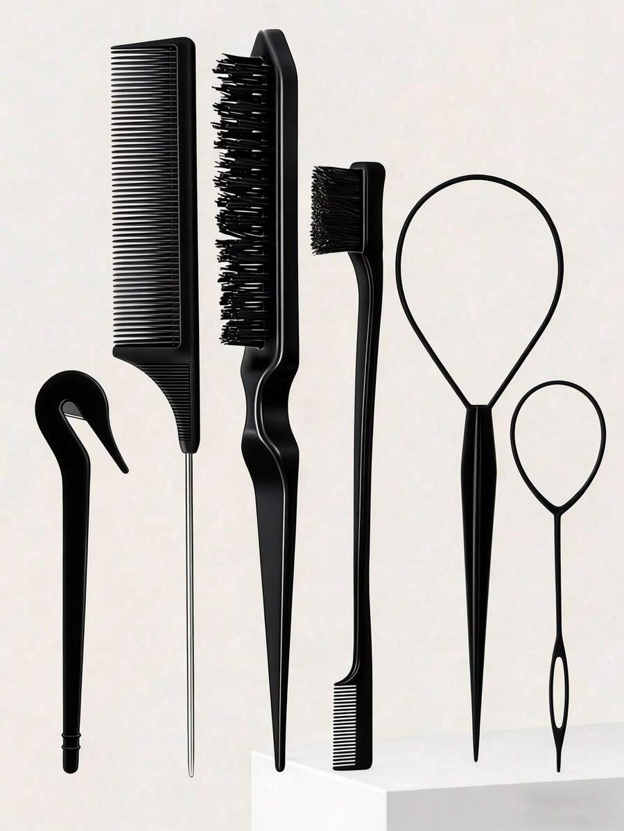 6件組粉色美髮造型工具組－鼠尾梳、髮刷、2件法式編髮工具，適用於編髮與DIY髮型，沙龍、美容旅行必備、返校、度假必備，女性髮飾旅行必備，髮型造型