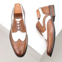 Classic Retro Men's Genuine Leather Business Casual Shoes, Comfortable And Versatile Formal Wear Men's Derby Shoes, Block Carved Lace Up Color Blocked Men's Leather Shoes - 棕白色 - 查看 5