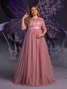 Faeriesty Elegante vestido de fiesta de maternidad de talla grande, de cuello redondo, de manga corta y largo hasta los tobillos, en tela de malla y tul con bordado de lentejuelas con patrón floral intrincado, en color rosa suave, para primavera - Rosa vieja - Ver 4