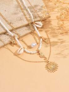 3pcs/Set Handmade Beaded Necklace Set, Bohemian Ocean Style Necklace With Bead, Faux Pearl, Ocean Animal & Sun Pendant, Suitable For Beach Vacation, Daily Wear, Party, Dinner - Multicolor - View 3