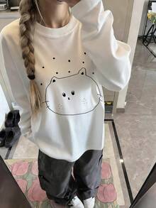 可爱卡通猫咪印花落肩T恤，休闲圆领长袖上衣，卡哇伊图案白色女式T恤 - 白色 - 查看 5