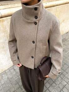 Retro Minimalist Stand Collar Wool Blend Casual Loose Fit Fashionable Commuter Coat For Women, Autumn/Winter - Khaki - View 4