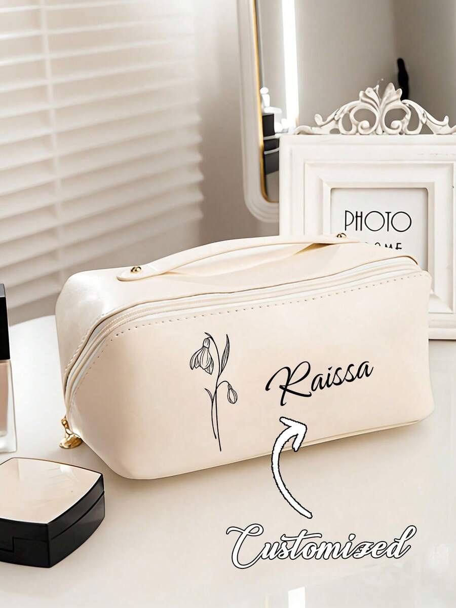 1PC Customized Women's Makeup Bag/Storage Bag With Customized Text And Month Flowers,Customized Waterproof PU Leather Cosmetic Bag, Large Capacity Dual Layer Makeup Bag With Compartments, Spacious Toiletry Bag With Divider, Makeup Organizer - Multicolor - View 1