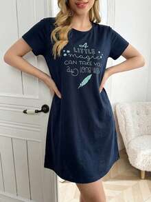 Cotton Line Women Round Neck Short Sleeve Comfy Sleep Dress - Navy Blue - View 4