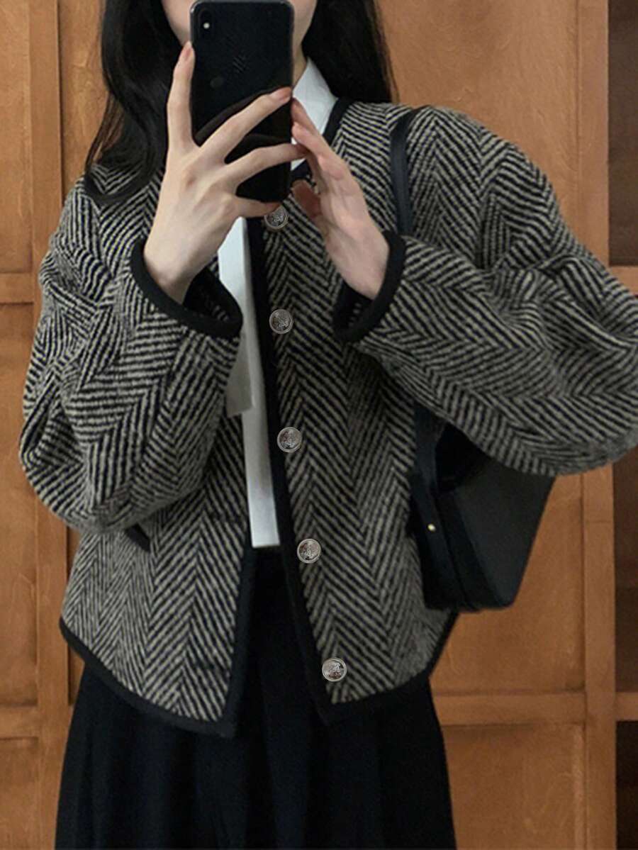 女士优雅复古人字纹开衫毛衣,秋冬款 - 黑色 - 查看 1