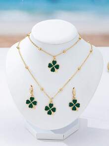 3pcs Green Oil Drop Asymmetrical Beaded Chain Necklace Set, Elegant Jewelry Suitable For Holidays, Parties, And Dates - Green - View 3