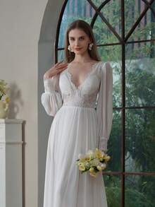 YOUKEFEIER 2026 New High Waist Slit Lace Wedding Dress, White Long Sleeve Short Train Bridal Gown, Slim & Sexy Bohemian Style Dress - Beige - View 5