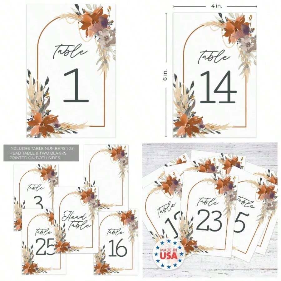 Greenery Wedding Table Numbers/ 28 Elegant Wedding Reception Table Number Cards/ 4 Inchx 6 Inch Flat Faux Gold Anniversary Event Table Organization/Made In USA - White, Orange, Purple, Grey, Yellow, Green, Tan - View 1