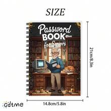 GDTME 1本爷爷密码笔记本，双面印刷，螺旋装订。封面描绘了一幅温馨的场景：一位慈祥的老人在复古书房里读书，周围环绕着锁、钥匙和一只懒洋洋的猫，旁边写着“老年人密码笔记本”。专为老年人设计，帮助他们清晰安全地管理各种账户密码。文具、日记本、笔记本、办公用品。 - 老爺爺密碼記事本 - 查看 8