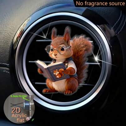 Uroczy wiewiórka czytająca książkę, 2D, płaski klips do kratki nawiewu w samochodzie, bezzapachowy, z dwuwarstwową bezwonną gąbką, używany jako dyfuzor samochodowy, wysokiej jakości materiał akrylowy