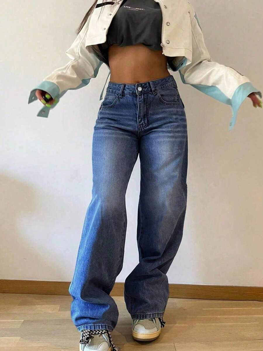 Damjeans med raka ben och lös passform, vintage, semester, vår - Mörktvätt - Visa 1