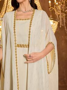 SUPGIR 女士方领亮片拼接蝙蝠袖褶皱胸部雪纺优雅晚礼服 - 杏色 - 查看 6