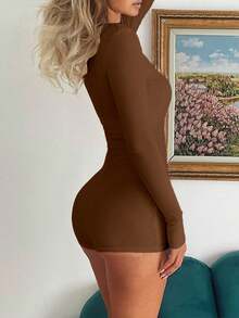 Mystra Spring/Autumn Casual Button-Decorated Fitted Jumpsuit - Coffee Brown - View 6