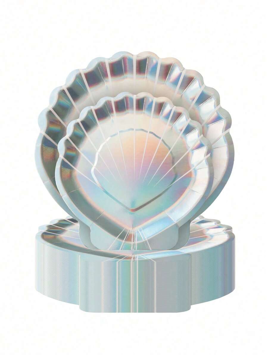 10个装贝壳纸托盘，美人鱼主题派对用品，彩虹闪光一次性托盘，7/9英寸纸托盘，适用于新娘送礼会、生日派对、海滩派对、节日派对用品 - 彩色 - 查看 1