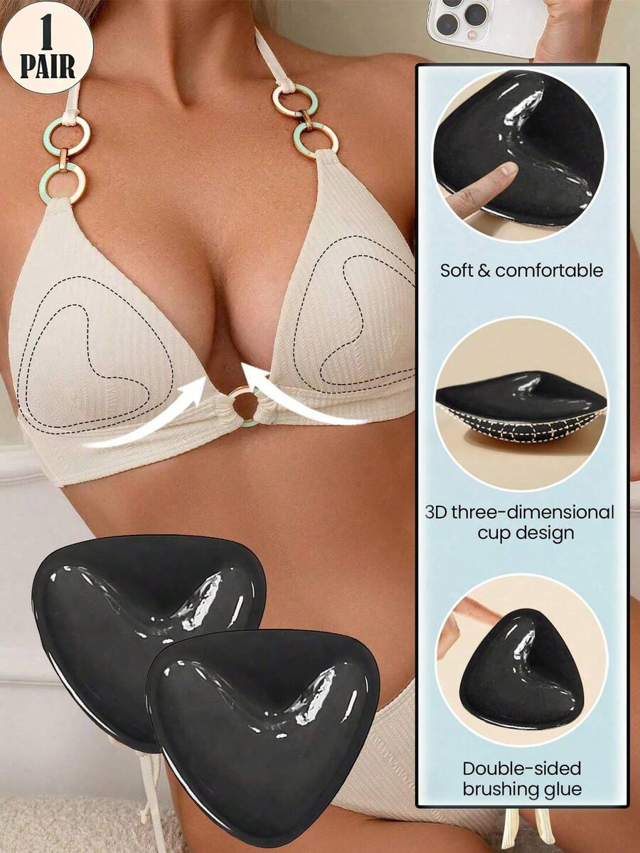 1 Pair Double-Sided Self-Adhesive Bra Pads – Invisible Push-Up Waterproof Reusable Bra Inserts For Swimwear & Daily Bras - Black - View 1