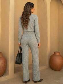 Women's Set Long Sleeve Cold Weather Blouse And High Waist Straight Knit Pants Cold Winter Elegant Fashion REF: Jennifer - Xám - Xem 3