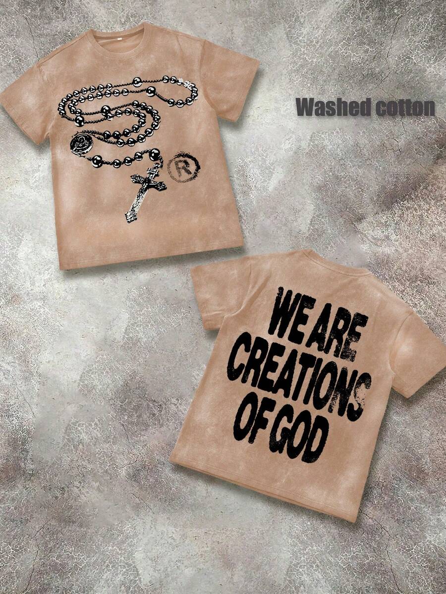 Y2K High - Street Religious - Themed Tee With 'We Are Creations Of God' Slogan Printed T-Shirts, Cotton T Shirt Unisex T-Shirts, Casual And Comfortable To Wear Men's T - Shirt Ideal For Both Casual Outings And Home Relaxation Funny T Shirts - 水洗棕 - 查看 1