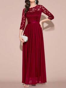 Vestido elegante de encaje floral para mujer,Vestido de fiesta de manga larga de chiffon de cuello redondo,Vestidos de mujer - Color caoba - Ver 6