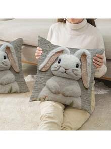 2pcs Faux Embroidered Rabbit Style Animal Print Pillow Cover, Adorable Animal Pattern Design Cushion Cover, Zippered, Sofa Decor, Gaming Lumbar Pillow, Car Lumbar Pillow, Camping Cushion, Hidden Zipper, Machine Washable, Holiday Gift, No Pillow Insert - Grey - View 2