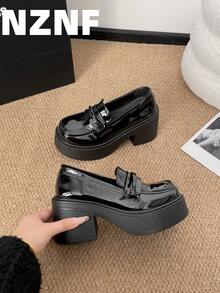 NZNF Giày da đen cao gót đế dày đa năng, giày Mary Jane mũi tròn đế dày kiểu retro dành cho nữ, mẫu mới mùa hè 2026. - Màu đen bóng - Xem 3
