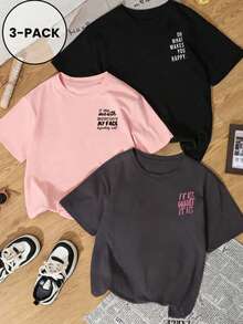 3件套女士新款休闲可爱图案宽松度假风圆领短袖T恤，时尚日常上衣，适合日常度假穿着。粉色夏季 - 粉色 - 查看 4