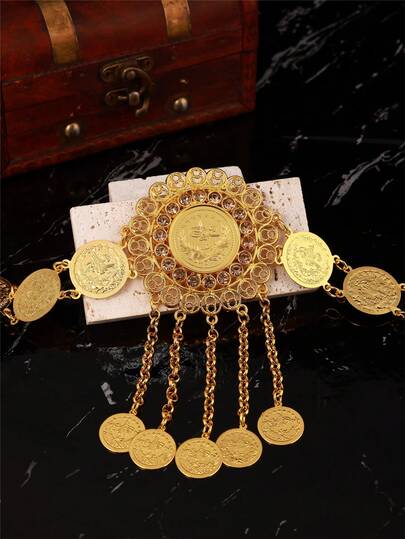 1pc Fashionable Luxury Women's Robe Belt, Turkish Coin Shaped Embellished With Abundant Rhinestones And Coin Pendants, Suitable For Women's Wedding, Party, Festival Dress, Adjustable Length