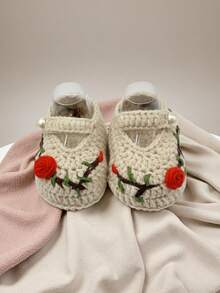 1 Pair Handmade Crochet Infant Booties With Rose Embroidery, Beige Knitted Lace-Up With Pearl Button, Floral Design - Beige - View 4