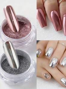 6pcs Rose Gold Champagne Mirror Powder Nail Art Tool Set, Including Glitter Powder, Pearl White, Laser Silver Metal Powder For Metallic Nail Design - Multicolor - View 4